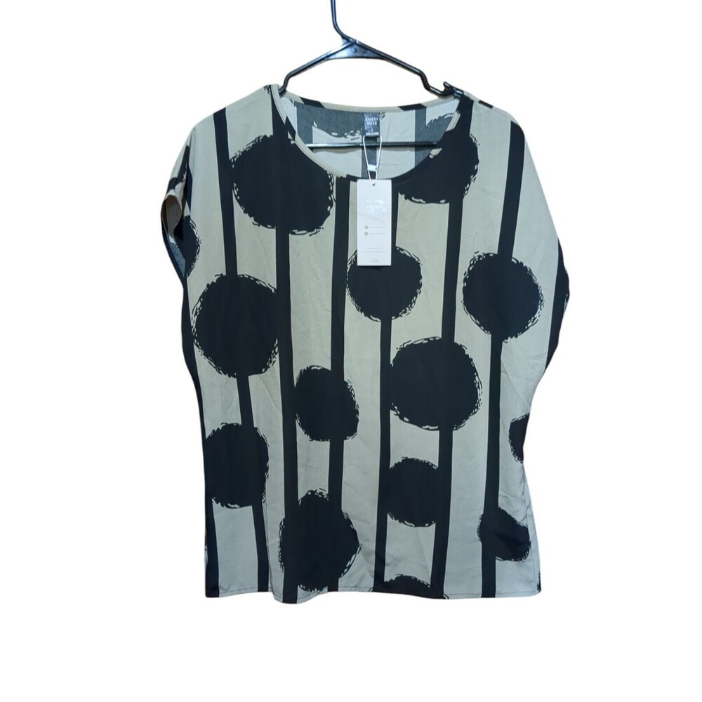 NEW Emery Rose Blouse Womens Large Beige Black Polka Dot Short Sleeve Crew Neck